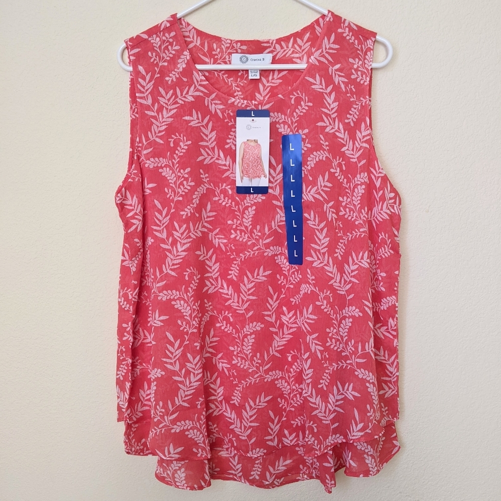 Cristina B Double Layer Sleeveless Tunic Top Pink Leaf Print Large